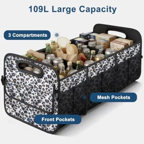 Deosk Trunk Organizer for SUV,Foldable & Sturdy Large Capacity Car Accessories for Women/Men,109L(XXL-Leopard print) - 4