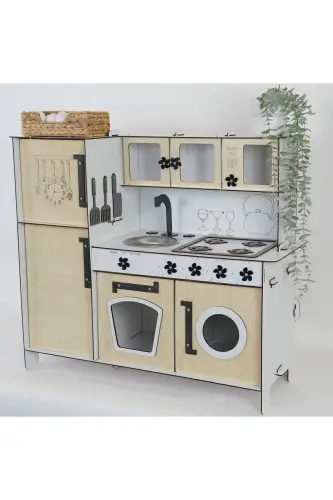Деревянная Игрушечная Кухня с Холодильником, Игровой Кухонный Набор, Игрушечная Кухня-Клен - 6