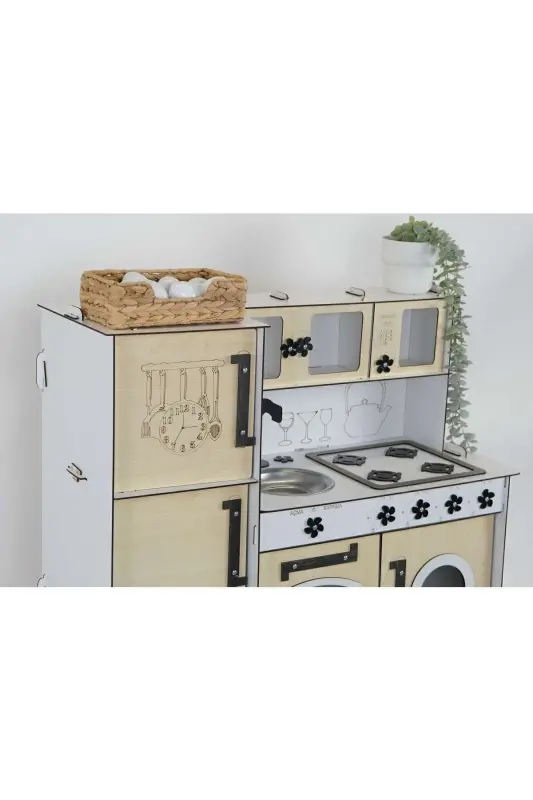 Деревянная Игрушечная Кухня с Холодильником, Игровой Кухонный Набор, Игрушечная Кухня-Клен - 8