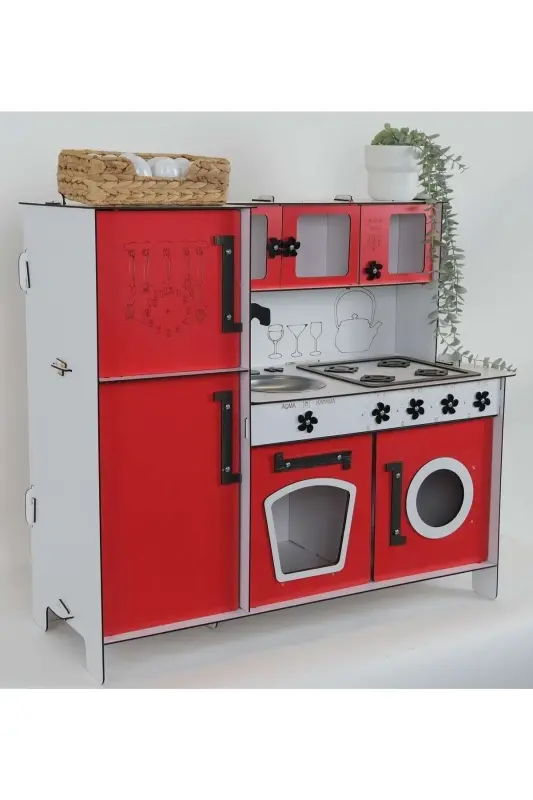 Деревянная Игрушечная Кухня с Холодильником - Красный - 2