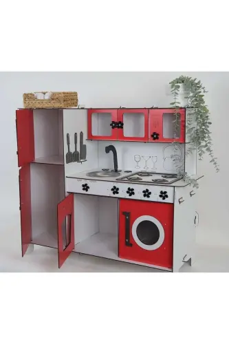 Деревянная Игрушечная Кухня с Холодильником - Красный - 4