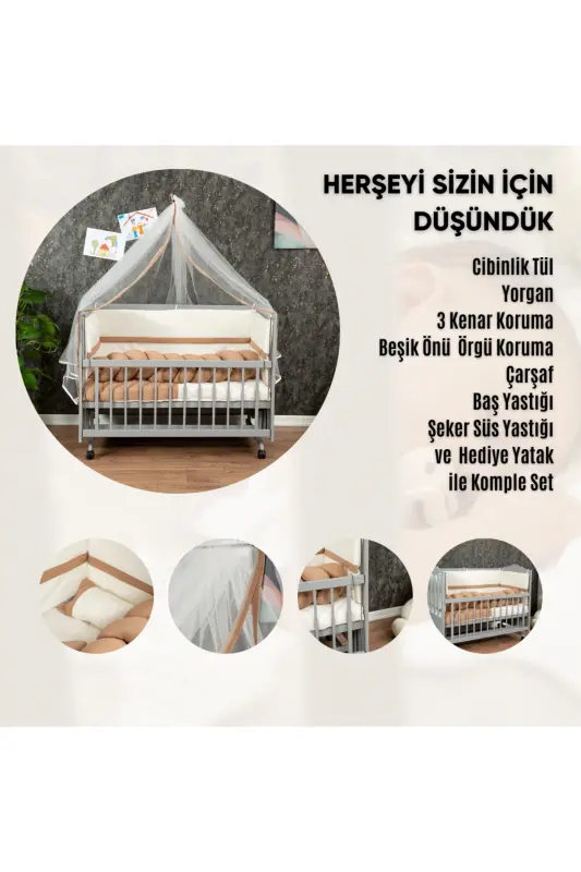 Деревянная МДФ кроватка, приставная, 60x120, 4-х уровневая, лакированная, качающаяся детская кроватка на колесиках - СЕРАЯ - 3