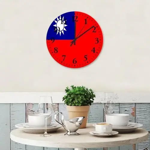 Wooden Wall Clock Analog Round Non-ticking Taiwan Flag Frameless Wall Clocks Patriotic Vanity Gift Home Decor for Fitness Room Bedroom Daycare 15 Inch - 2