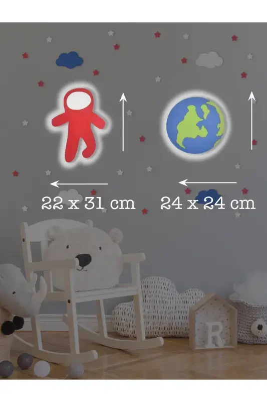 Деревянный астронавт и фигурка Земли, декоративная светодиодная подсветка/ночник для детской комнаты, набор из 2 шт. - Красный - 3