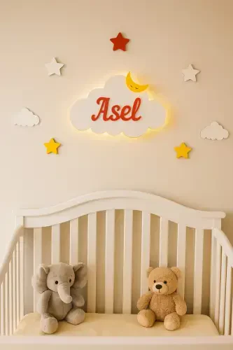 Деревянный именной ночник-облако с LED подсветкой, подарок для новорожденного - Красный - ARSERGROUP (1)