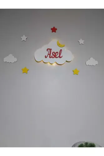 Деревянный именной ночник-облако с LED подсветкой, подарок для новорожденного - Красный - 4