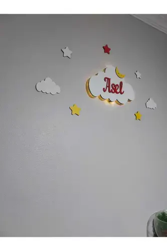 Деревянный именной ночник-облако с LED подсветкой, подарок для новорожденного - Красный - 5