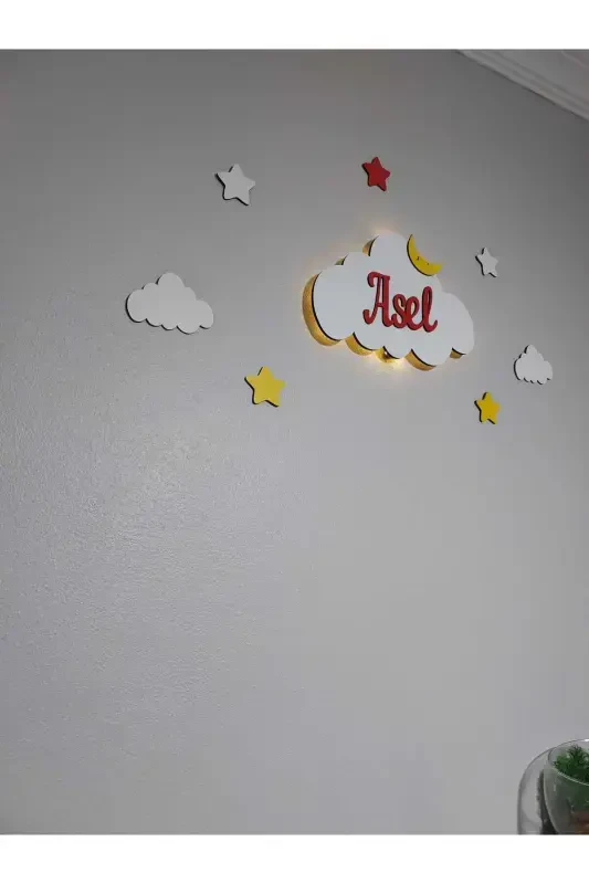 Деревянный именной ночник-облако с LED подсветкой, подарок для новорожденного - Красный - 5