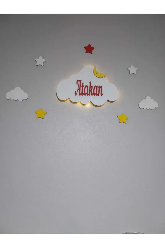 Деревянный именной ночник-облако с LED подсветкой, подарок для новорожденного - Красный - 6