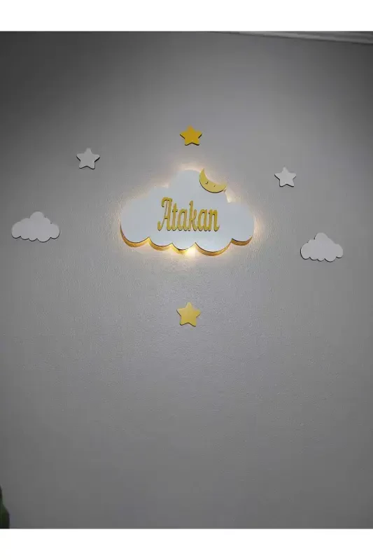 Деревянный именной ночник в форме облака со светодиодной подсветкой для новорожденных, подарок - желтый - 1