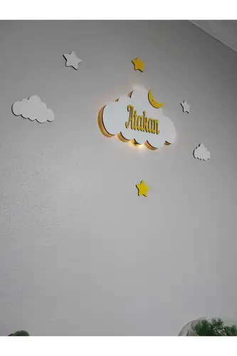 Деревянный именной ночник в форме облака со светодиодной подсветкой для новорожденных, подарок - желтый - 3