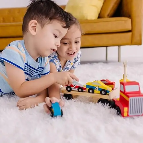Деревянный набор игрушек Melissa & Doug с магнитным погрузчиком автомобилей, 4 автомобилями и 1 полуприцепом - 1