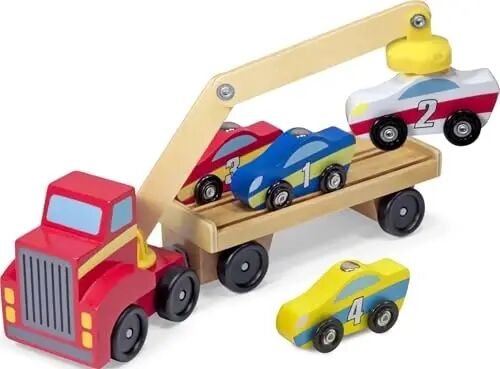 Деревянный набор игрушек Melissa & Doug с магнитным погрузчиком автомобилей, 4 автомобилями и 1 полуприцепом - 1