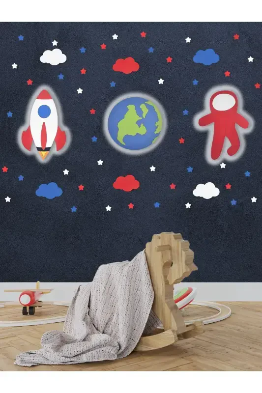 Деревянный Ракетный Земля и Фигурка Астронавта Детская Комната Декоративное Светодиодное Освещение/ночник Набор из 3 предметов-Серый - 1