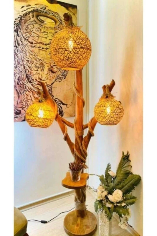 Деревянный торшер из натурального дерева 140 см серия Галикарнас угловое освещение бревно деревянный торшер - MENALART AĞAÇ TASARIM