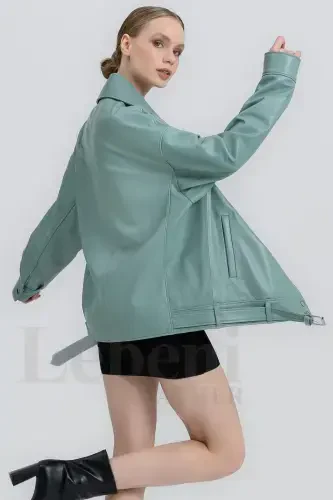 Deri Ceket Kadın - Oversize Vintage Uzun Biker Gerçek Hakiki Kuzu Derisi Mont Kaban-Yeşil Deri Ceket - 4