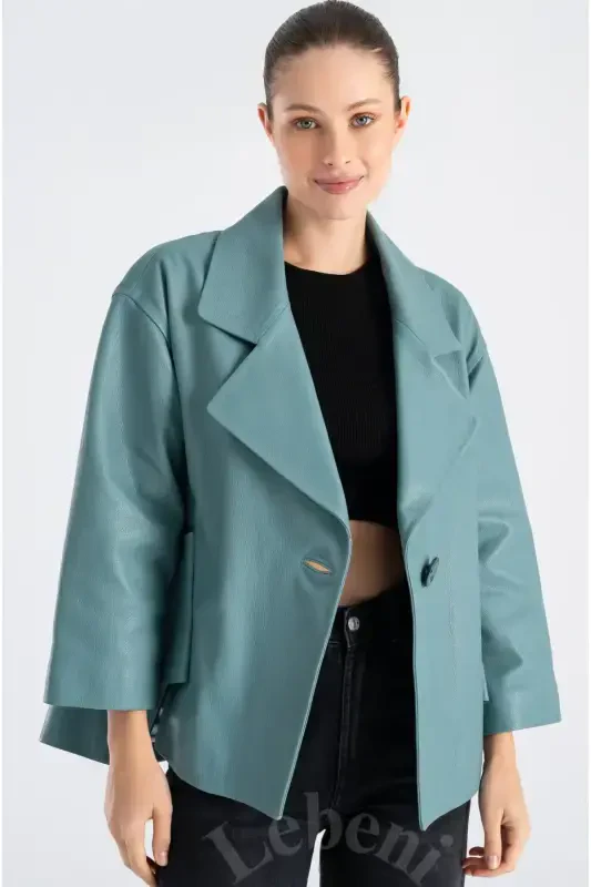 Deri Ceket Kadın - Tek Düğmeli Oversize Mevsimlik Yeşil Deri Ceket Kadın-Su Yeşili Tek Düğmeli Oversize Ceket - 1