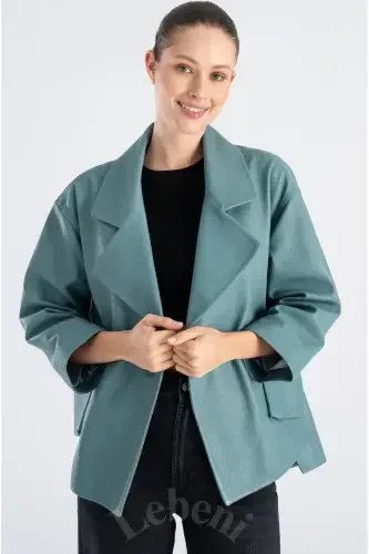 Deri Ceket Kadın - Tek Düğmeli Oversize Mevsimlik Yeşil Deri Ceket Kadın-Su Yeşili Tek Düğmeli Oversize Ceket - 2