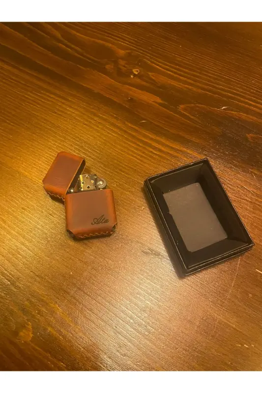 Deri El Yapımı Hakiki Deri Zippo Çakmak Benzinli İSİM ŞEKİL LOGO YAZILIR - 6