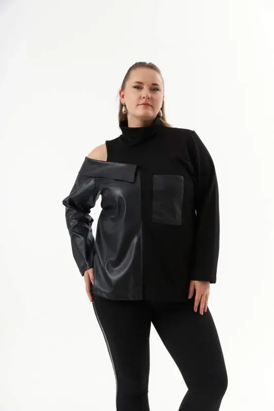 Deri Garnili Siyah Büyük Beden Sweatshirt - 3