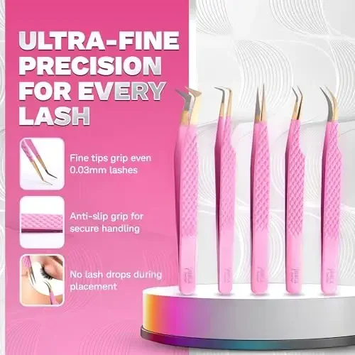 5 Pcs Fiber-Tip Japanese Steel Lash Tweezer Set with Leather Case, Professional Eyelash Tweezers for Lash Extensions – Titanium Coated, 90 & 45 Angled, Precision Pointed Tweezers (PINK) 
