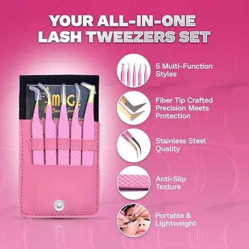 5 Pcs Fiber-Tip Japanese Steel Lash Tweezer Set with Leather Case, Professional Eyelash Tweezers for Lash Extensions – Titanium Coated, 90 & 45 Angled, Precision Pointed Tweezers (PINK) - 5