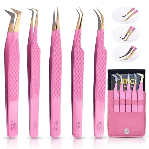 5 Pcs Fiber-Tip Japanese Steel Lash Tweezer Set with Leather Case, Professional Eyelash Tweezers for Lash Extensions – Titanium Coated, 90 & 45 Angled, Precision Pointed Tweezers (PINK) - 7