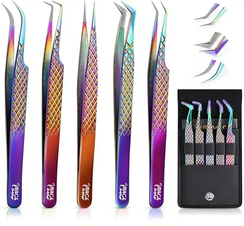 5 Pcs Fiber-Tip Japanese Steel Lash Tweezer Set with Leather Case, Professional Eyelash Tweezers for Lash Extensions – Titanium Coated, 90 & 45 Angled, Precision Pointed Tweezers (Rainbow Color) 