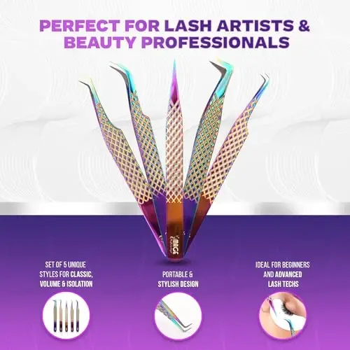 5 Pcs Fiber-Tip Japanese Steel Lash Tweezer Set with Leather Case, Professional Eyelash Tweezers for Lash Extensions – Titanium Coated, 90 & 45 Angled, Precision Pointed Tweezers (Rainbow Color) - 4