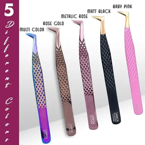 5 Pcs Fiber-Tip Japanese Steel Lash Tweezer Set with Leather Case, Professional Eyelash Tweezers for Lash Extensions – Titanium Coated, 90 & 45 Angled, Precision Pointed Tweezers (Rainbow Color) - 7