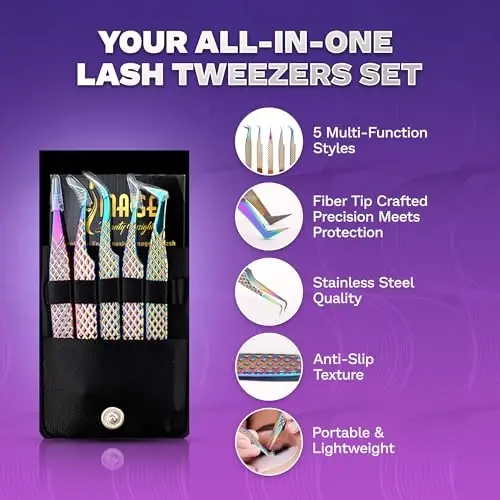 5 Pcs Fiber-Tip Japanese Steel Lash Tweezer Set with Leather Case, Professional Eyelash Tweezers for Lash Extensions – Titanium Coated, 90 & 45 Angled, Precision Pointed Tweezers (Rainbow Color) - 2