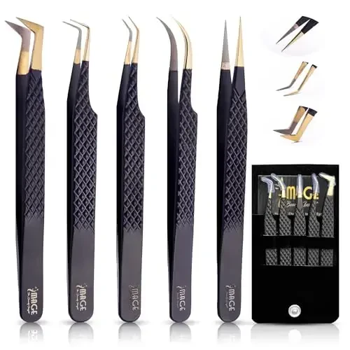 5 Pcs Fiber-Tip Japanese Steel Lash Tweezer Set with Leather Case, Professional Eyelash Tweezers for Lash Extensions – Titanium Coated, 90 & 45 Angled, Precision Pointed Tweezers (MATT BLACK) 