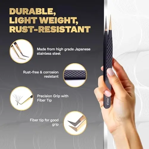 5 Pcs Fiber-Tip Japanese Steel Lash Tweezer Set with Leather Case, Professional Eyelash Tweezers for Lash Extensions – Titanium Coated, 90 & 45 Angled, Precision Pointed Tweezers (MATT BLACK) - 3