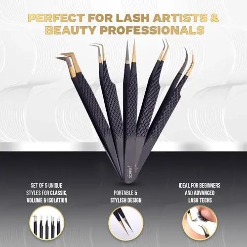 5 Pcs Fiber-Tip Japanese Steel Lash Tweezer Set with Leather Case, Professional Eyelash Tweezers for Lash Extensions – Titanium Coated, 90 & 45 Angled, Precision Pointed Tweezers (MATT BLACK) - 4