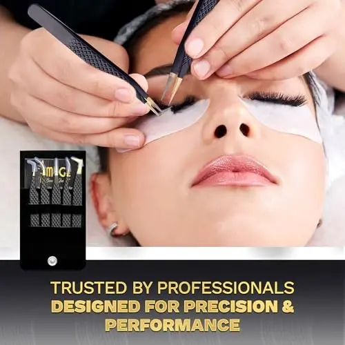 5 Pcs Fiber-Tip Japanese Steel Lash Tweezer Set with Leather Case, Professional Eyelash Tweezers for Lash Extensions – Titanium Coated, 90 & 45 Angled, Precision Pointed Tweezers (MATT BLACK) - 5