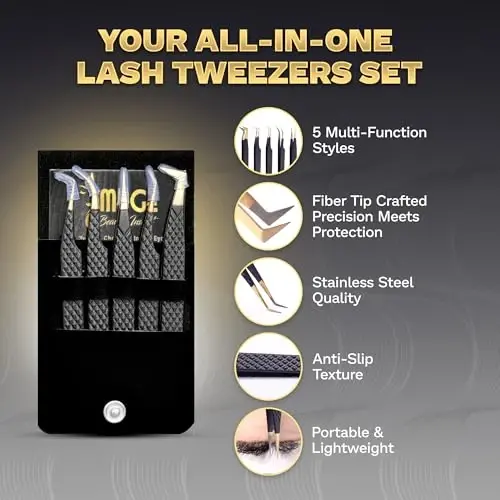 5 Pcs Fiber-Tip Japanese Steel Lash Tweezer Set with Leather Case, Professional Eyelash Tweezers for Lash Extensions – Titanium Coated, 90 & 45 Angled, Precision Pointed Tweezers (MATT BLACK) - 6