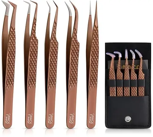 5 Pcs Fiber-Tip Japanese Steel Lash Tweezer Set with Leather Case, Professional Eyelash Tweezers for Lash Extensions – Titanium Coated, 90 & 45 Angled, Precision Pointed Tweezers (METALIC-ROSE) 