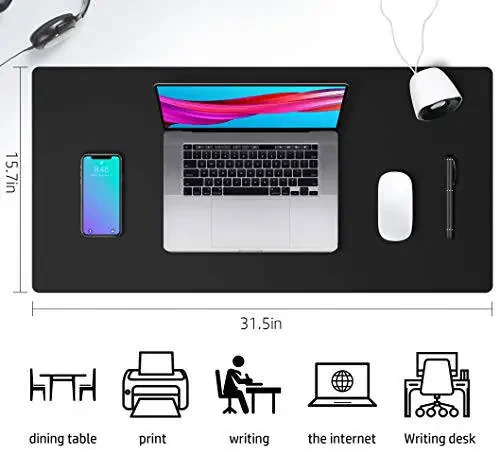 Aothia Leather Office Desk Pad Protector, Non-Slip PU Leather Desk Blotter, Waterproof Laptop Writing Mouse Pad for Office and Home, Black, 31.5