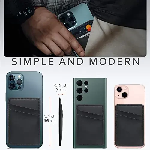 Leather Phone Wallet, Stick On Credit Card Holder for Phone Case - Compatible with iPhone, Samsung, Android & All Cell Phones - 2Pack Black - 4