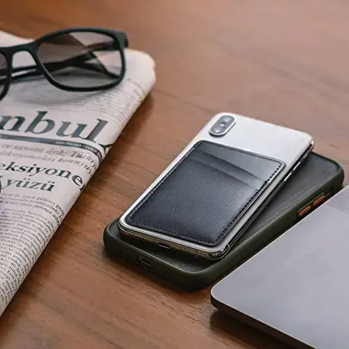 Leather Phone Wallet, Stick On Credit Card Holder for Phone Case - Compatible with iPhone, Samsung, Android & All Cell Phones - 2Pack Black - 6