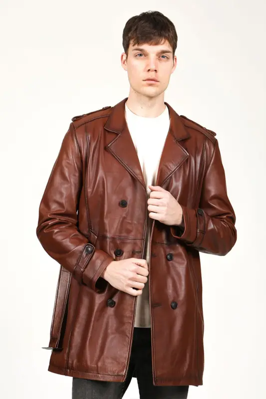 DERİCLUB Getafe Erkek Kruvaze Yaka Hakiki Deri Trençkot KANYAK-KANYAK - 2