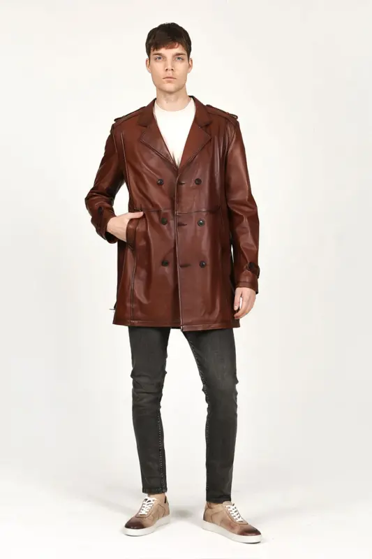 DERİCLUB Getafe Erkek Kruvaze Yaka Hakiki Deri Trençkot KANYAK-KANYAK - 3