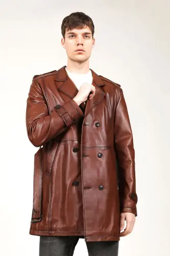 DERİCLUB Getafe Erkek Kruvaze Yaka Hakiki Deri Trençkot KANYAK-KANYAK - 4