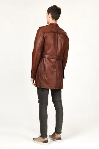 DERİCLUB Getafe Erkek Kruvaze Yaka Hakiki Deri Trençkot KANYAK-KANYAK - 6