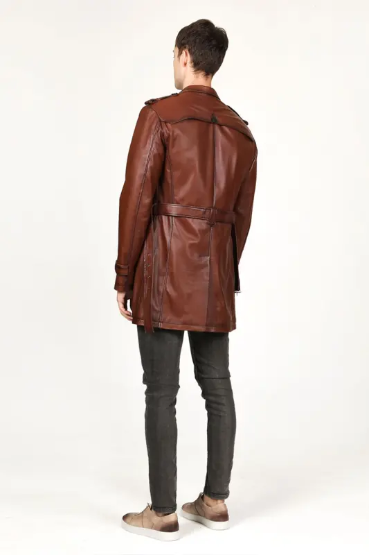 DERİCLUB Getafe Erkek Kruvaze Yaka Hakiki Deri Trençkot KANYAK-KANYAK - 6