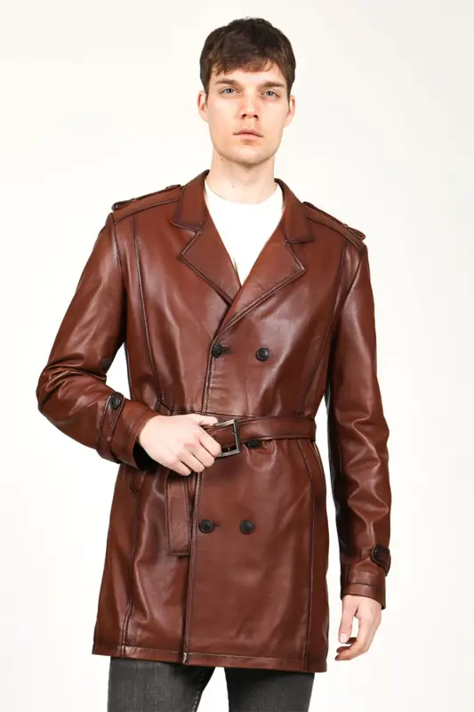 DERİCLUB Getafe Men's Double Breasted Genuine Leather Trench Coat KANYAK - KANYAK - 1