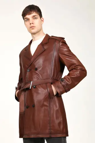 DERİCLUB Getafe Men's Double Breasted Genuine Leather Trench Coat KANYAK - KANYAK - 5