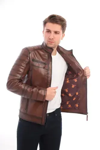 Derimont Style Our Business Embroidered Genuine Men's Leather Jacket-brown - GENEL MARKALAR (1)