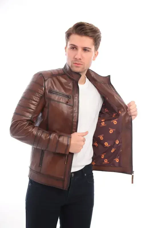 Derimont Style Our Business Embroidered Genuine Men's Leather Jacket-brown - 2