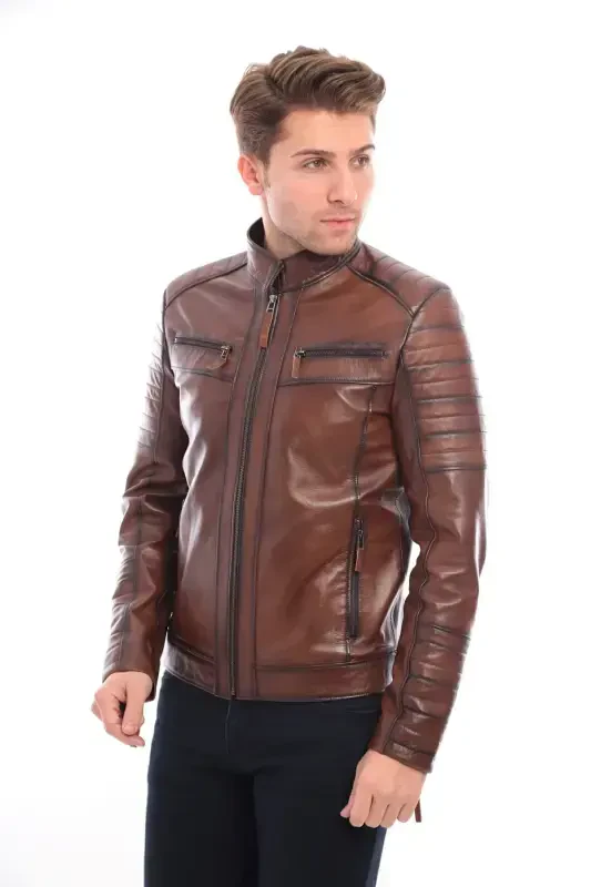 Derimont Style Our Business Embroidered Genuine Men's Leather Jacket-brown - 5
